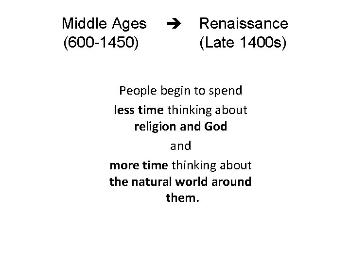 Middle Ages (600 -1450) Renaissance (Late 1400 s) People begin to spend less time