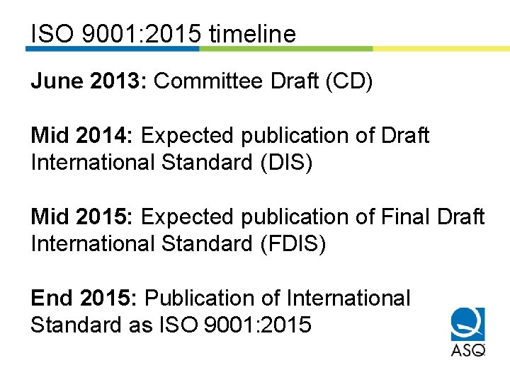 ISO 9001: 2015 timeline June 2013: Committee Draft (CD) Mid 2014: Expected publication of