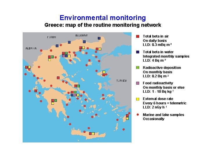 Environmental monitoring Greece: map of the routine monitoring network Total beta in air On