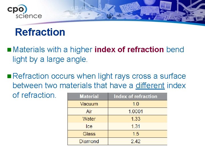 Refraction n Materials with a higher index of refraction bend light by a large