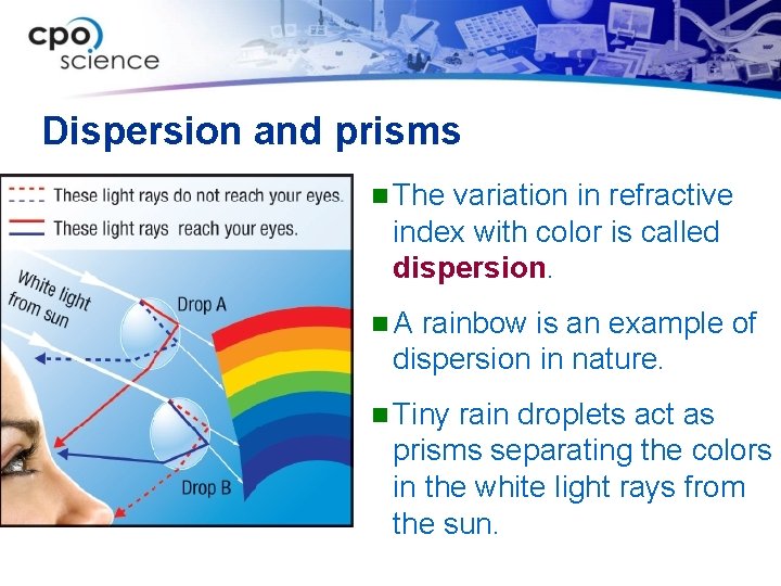 Dispersion and prisms n The variation in refractive index with color is called dispersion.