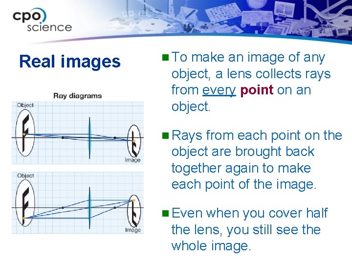 Real images n To make an image of any object, a lens collects rays