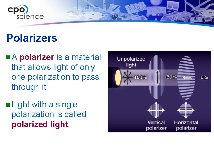 Polarizers n. A polarizer is a material that allows light of only one polarization