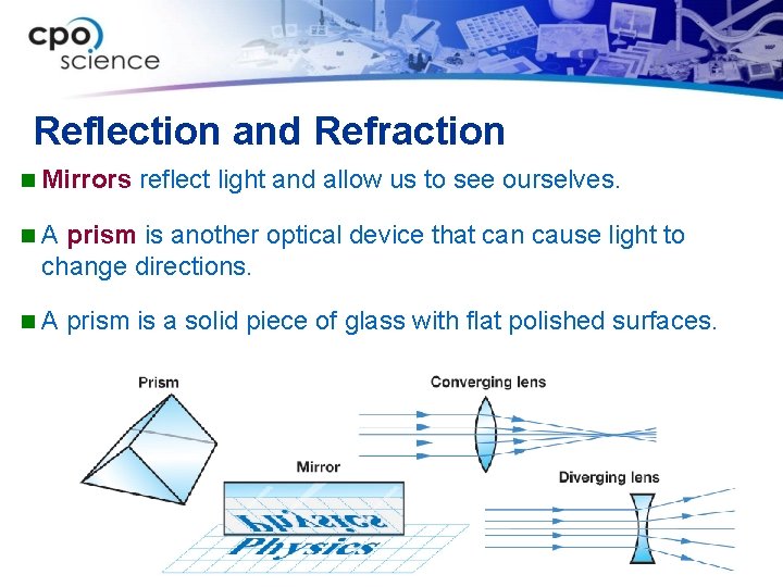 Reflection and Refraction n Mirrors reflect light and allow us to see ourselves. n.