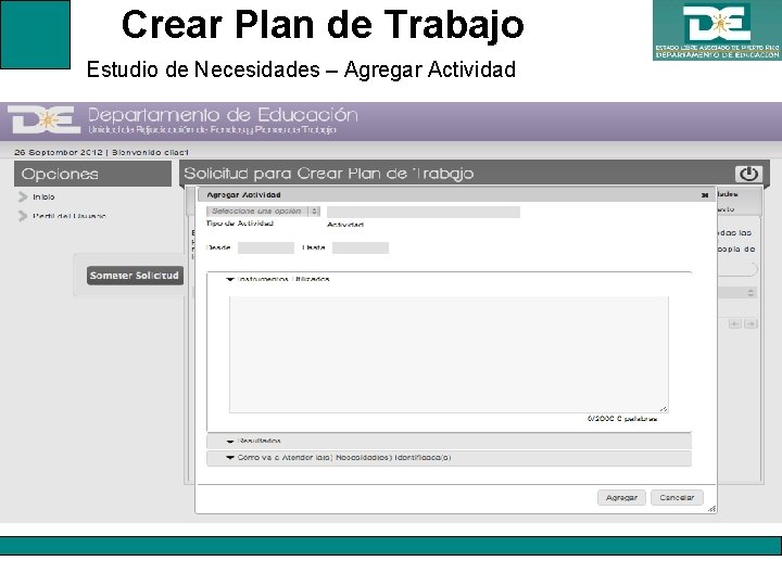 Crear Plan de Trabajo Estudio de Necesidades – Agregar Actividad 