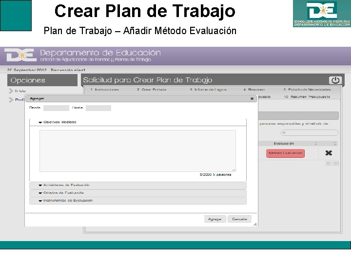 Crear Plan de Trabajo – Añadir Método Evaluación 
