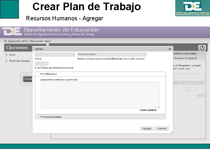 Crear Plan de Trabajo Recursos Humanos - Agregar 