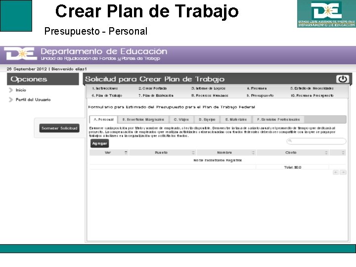 Crear Plan de Trabajo Presupuesto - Personal 