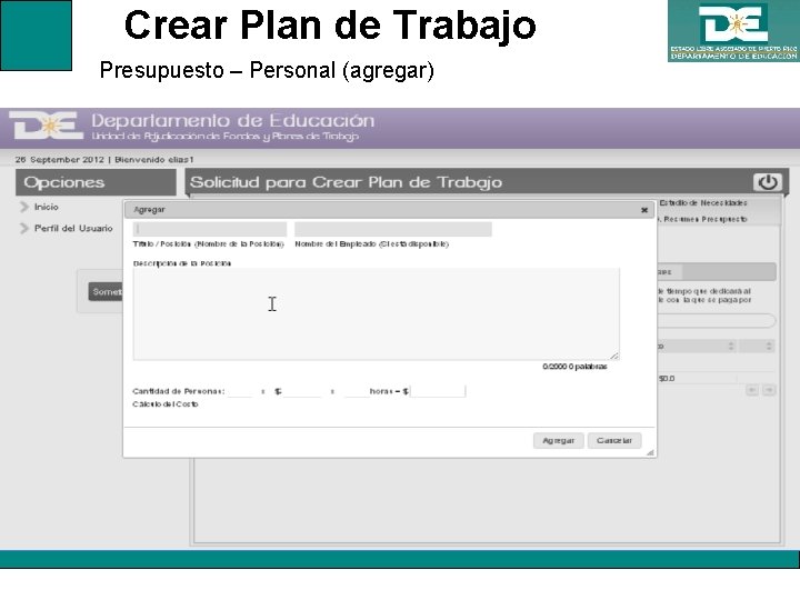 Crear Plan de Trabajo Presupuesto – Personal (agregar) 