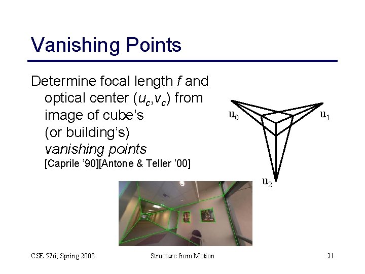 Vanishing Points Determine focal length f and optical center (uc, vc) from image of