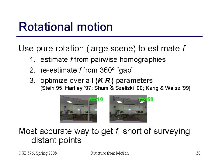 Rotational motion Use pure rotation (large scene) to estimate f 1. estimate f from