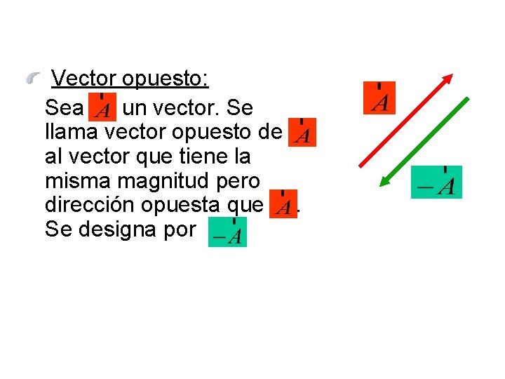 Vector opuesto: Sea un vector. Se llama vector opuesto de al vector que tiene