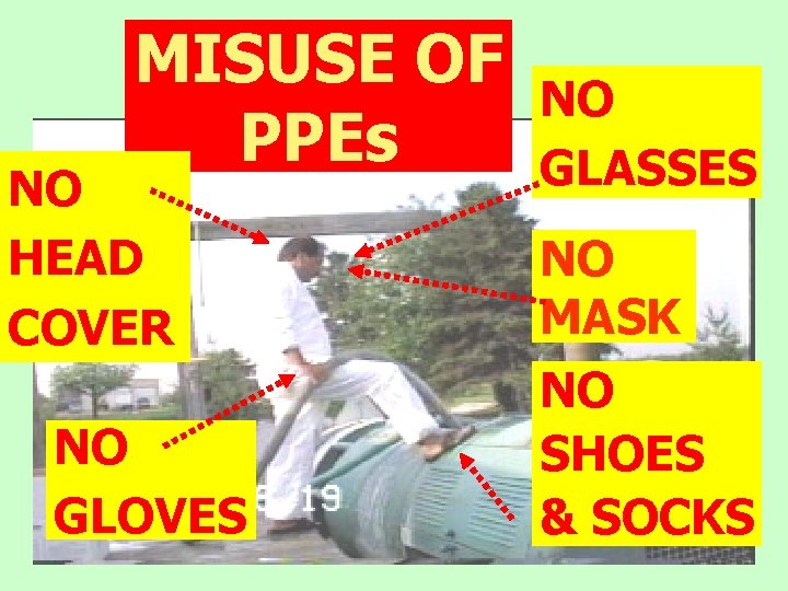 MISUSE OF PPEs NO HEAD COVER NO GLOVES NO GLASSES NO MASK NO SHOES