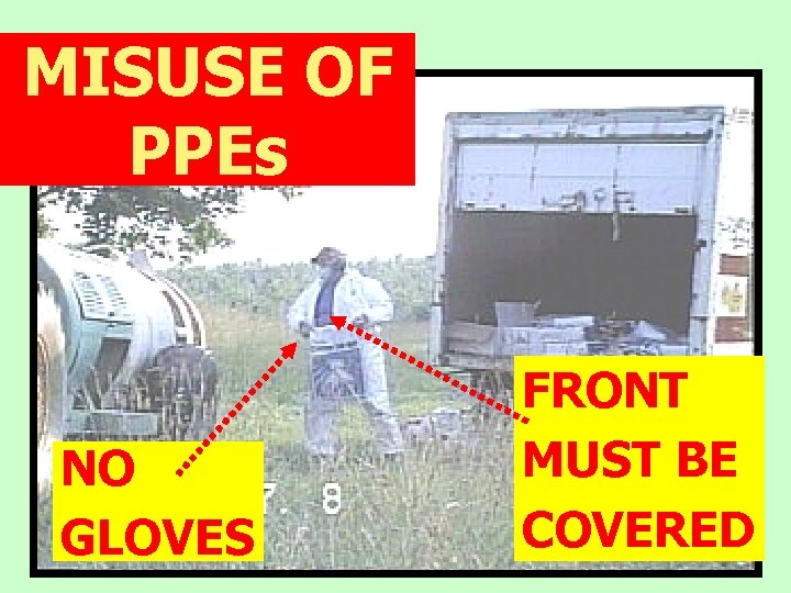MISUSE OF PPEs NO GLOVES FRONT MUST BE COVERED 