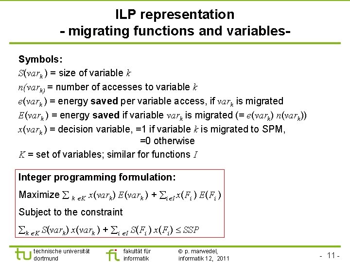 ILP representation - migrating functions and variables. Symbols: S(vark ) = size of variable