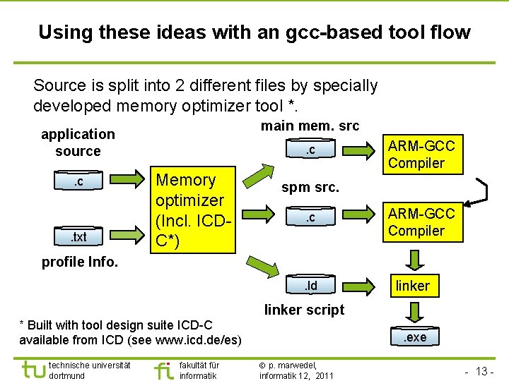 Using these ideas with an gcc-based tool flow Source is split into 2 different