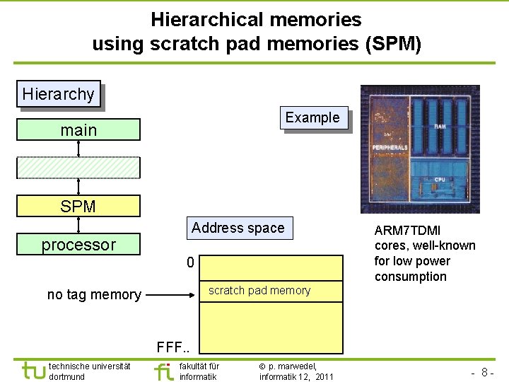 Hierarchical memories using scratch pad memories (SPM) Hierarchy Example main SPM Address space processor