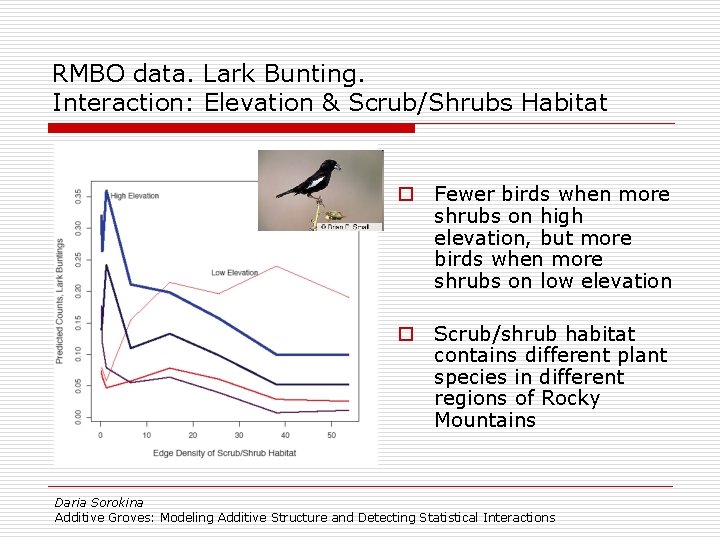 RMBO data. Lark Bunting. Interaction: Elevation & Scrub/Shrubs Habitat o Fewer birds when more