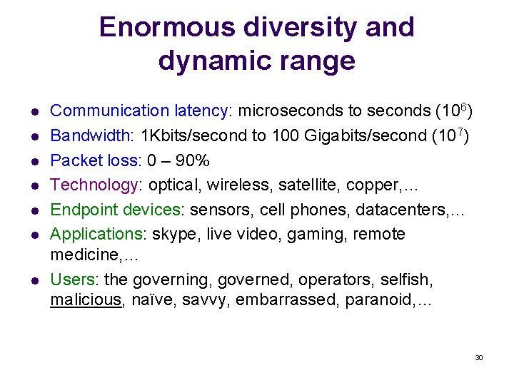 Enormous diversity and dynamic range l l l l Communication latency: microseconds to seconds