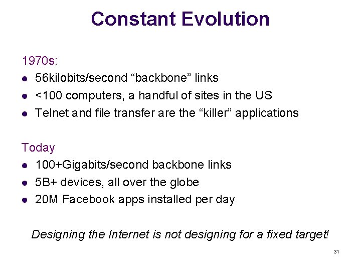 Constant Evolution 1970 s: l 56 kilobits/second “backbone” links l <100 computers, a handful