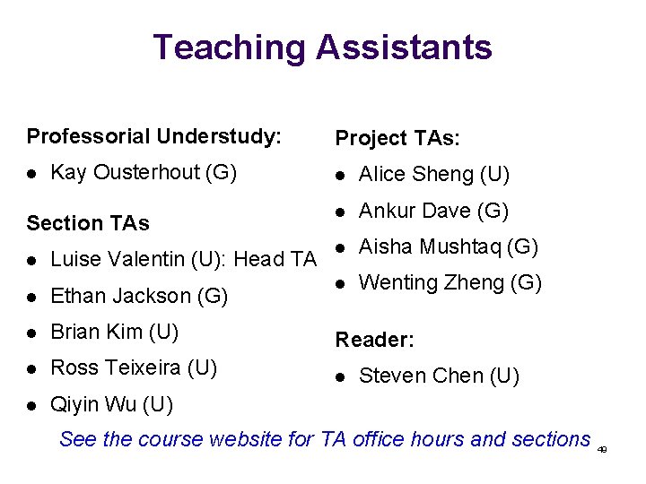 Teaching Assistants Professorial Understudy: Kay Ousterhout (G) Project TAs: l Alice Sheng (U) l