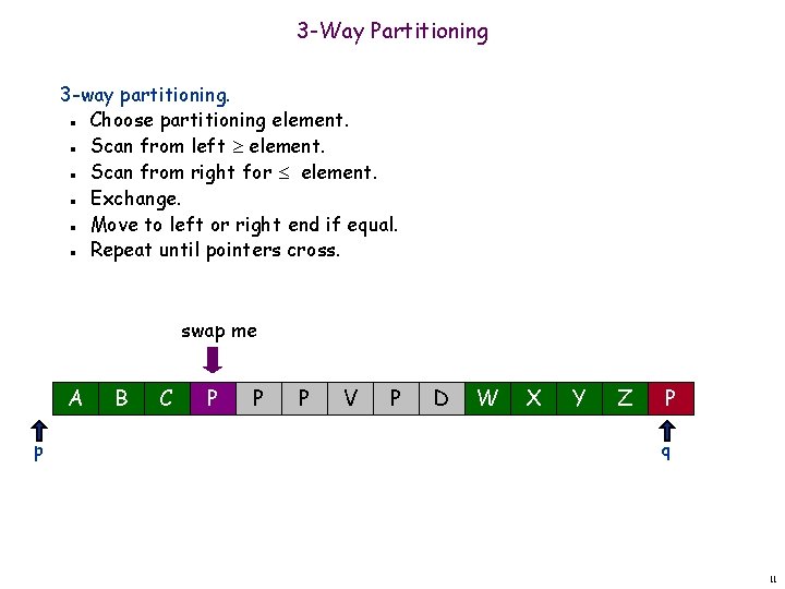 3 -Way Partitioning 3 -way partitioning. Choose partitioning element. Scan from left element. Scan