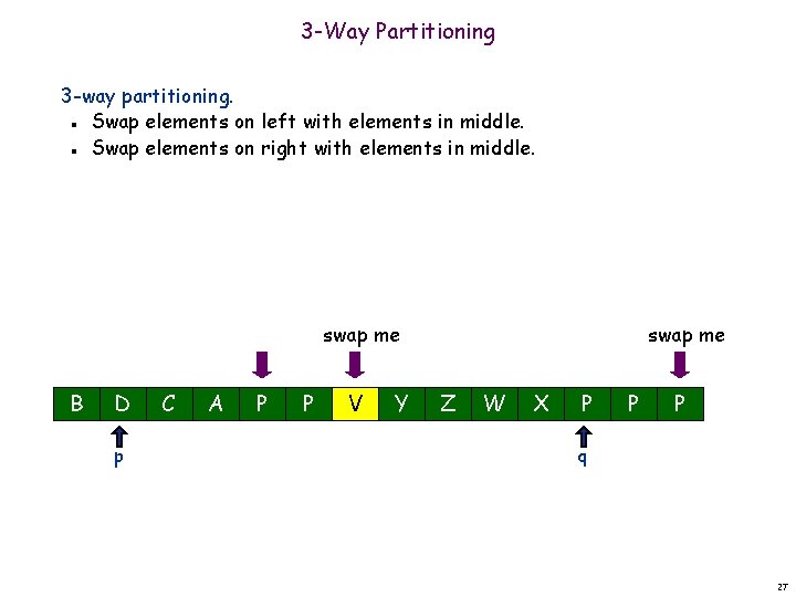 3 -Way Partitioning 3 -way partitioning. Swap elements on left with elements in middle.