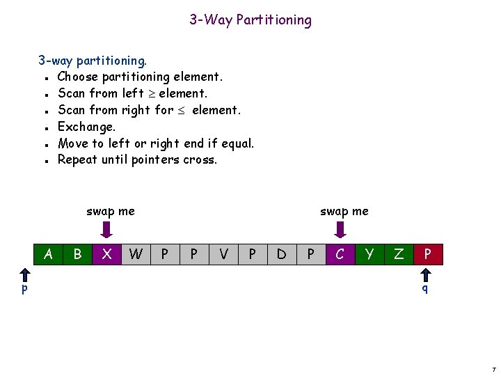 3 -Way Partitioning 3 -way partitioning. Choose partitioning element. Scan from left element. Scan