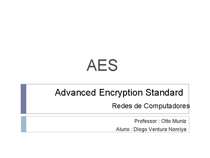 AES Advanced Encryption Standard Redes de Computadores Professor : Otto Muniz Aluno : Diogo