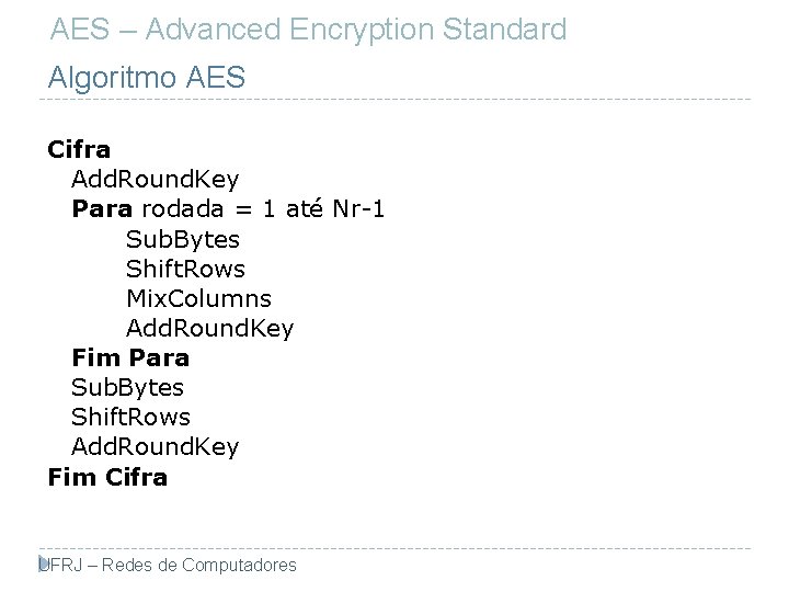 AES – Advanced Encryption Standard Algoritmo AES Cifra Add. Round. Key Para rodada =