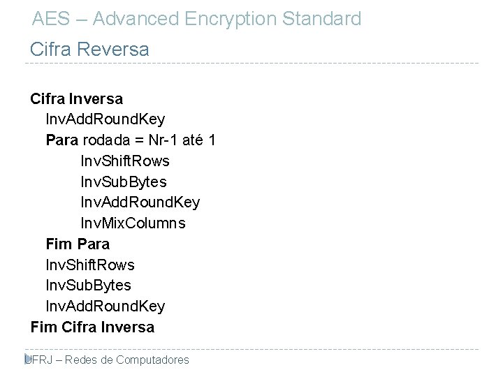 AES – Advanced Encryption Standard Cifra Reversa Cifra Inversa Inv. Add. Round. Key Para