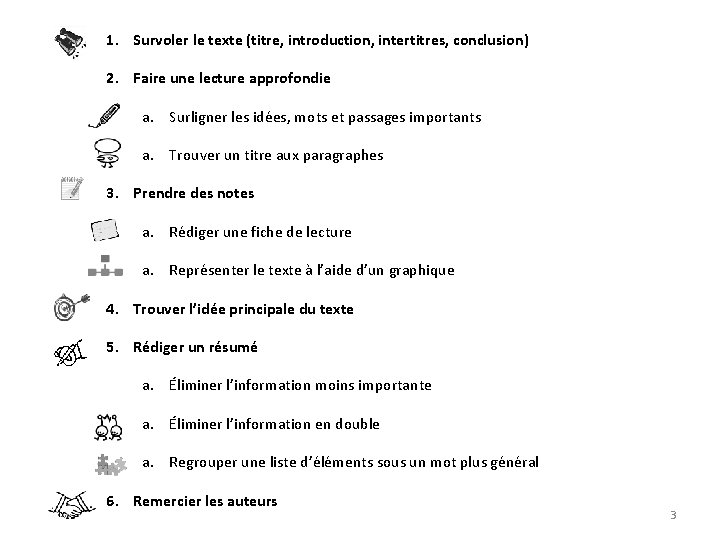 1. Survoler le texte (titre, introduction, intertitres, conclusion) 2. Faire une lecture approfondie a.