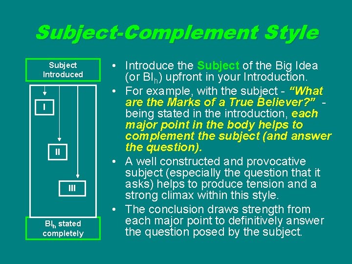 Subject-Complement Style Subject Introduced I II III BIh stated completely • Introduce the Subject