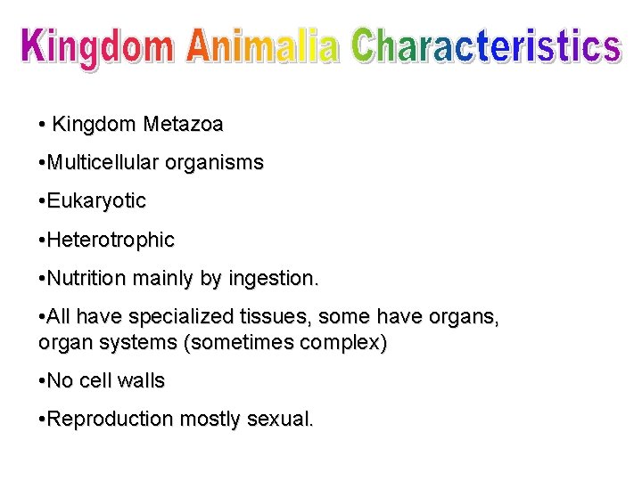  • Kingdom Metazoa • Multicellular organisms • Eukaryotic • Heterotrophic • Nutrition mainly