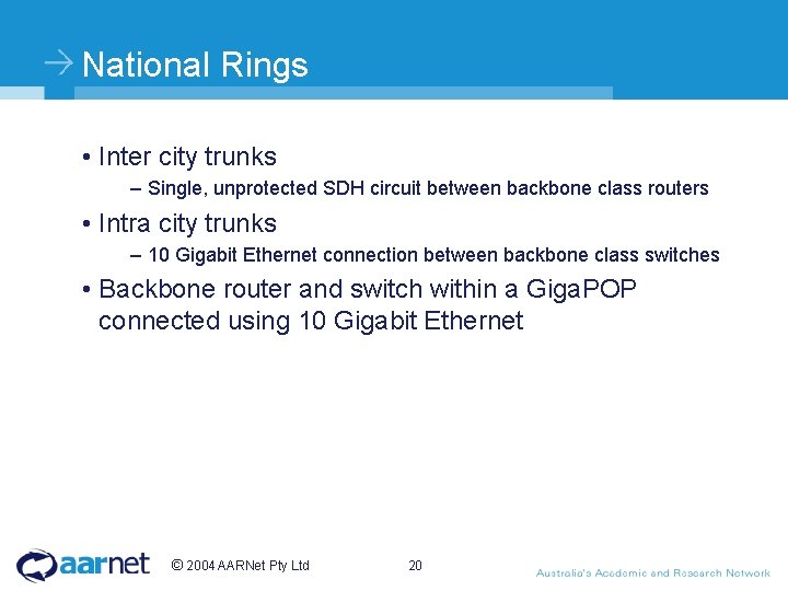 National Rings • Inter city trunks – Single, unprotected SDH circuit between backbone class