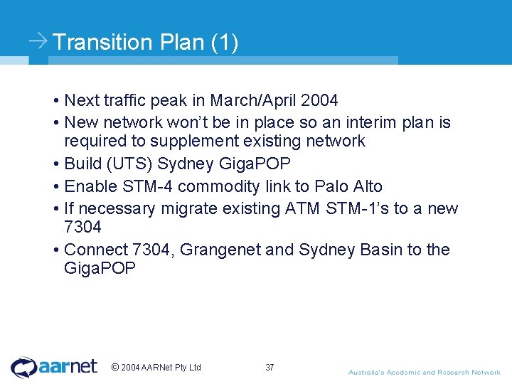 Transition Plan (1) • Next traffic peak in March/April 2004 • New network won’t