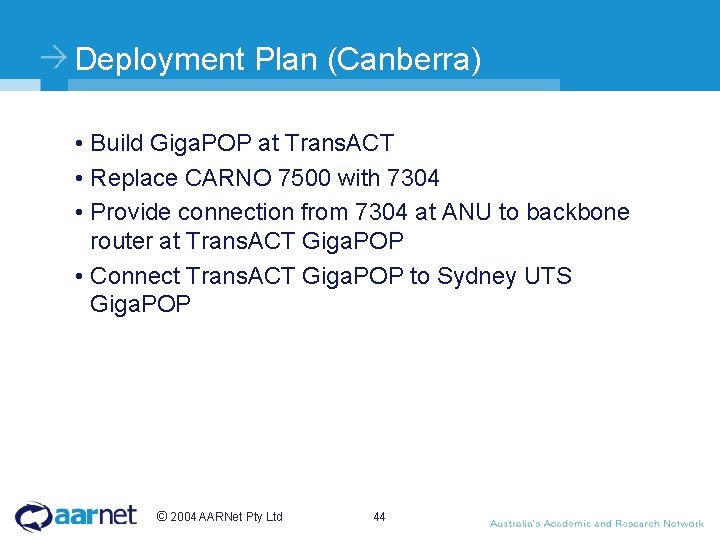 Deployment Plan (Canberra) • Build Giga. POP at Trans. ACT • Replace CARNO 7500
