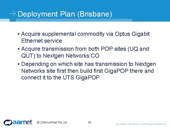 Deployment Plan (Brisbane) • Acquire supplemental commodity via Optus Gigabit Ethernet service • Acquire