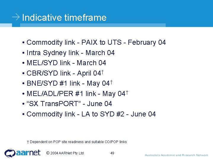 Indicative timeframe • Commodity link - PAIX to UTS - February 04 • Intra