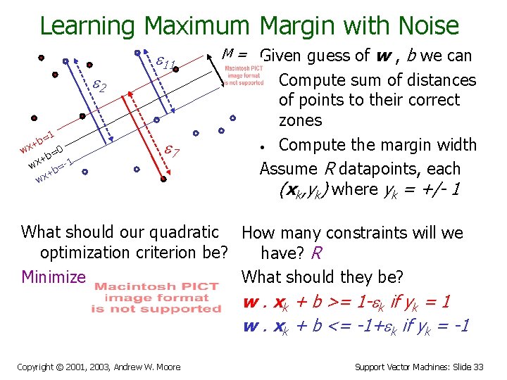 Learning Maximum Margin with Noise e 2 =1 b x+ w 0 b= +