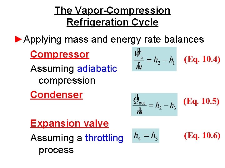 The Vapor-Compression Refrigeration Cycle ►Applying mass and energy rate balances Compressor (Eq. 10. 4)