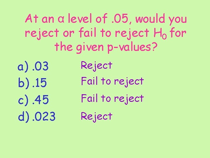 At an α level of. 05, would you reject or fail to reject H