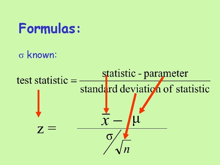 Formulas: σ known: z= μ 