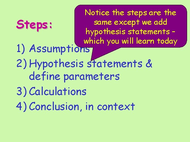Steps: Notice the steps are the same except we add hypothesis statements – which