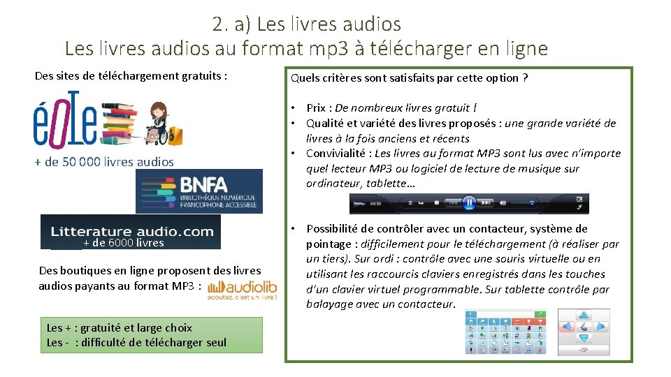 2. a) Les livres audios au format mp 3 à télécharger en ligne Des