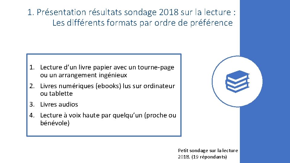 1. Présentation résultats sondage 2018 sur la lecture : Les différents formats par ordre