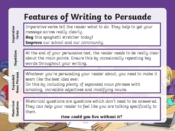Repetition At the end of your persuasive text, the reader needs to be really