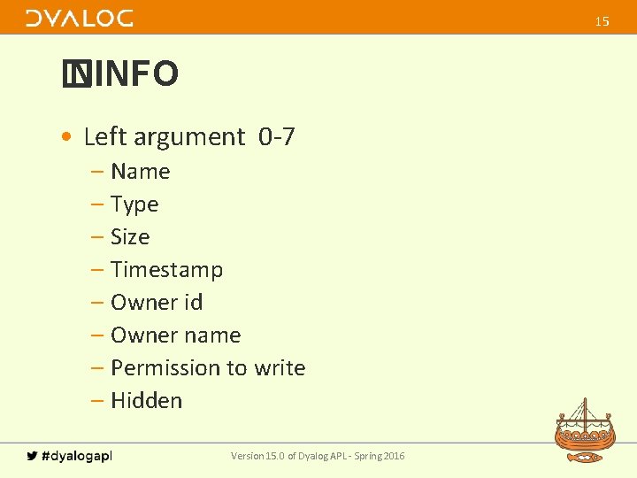 15 � NINFO • Left argument 0 -7 – Name – Type – Size