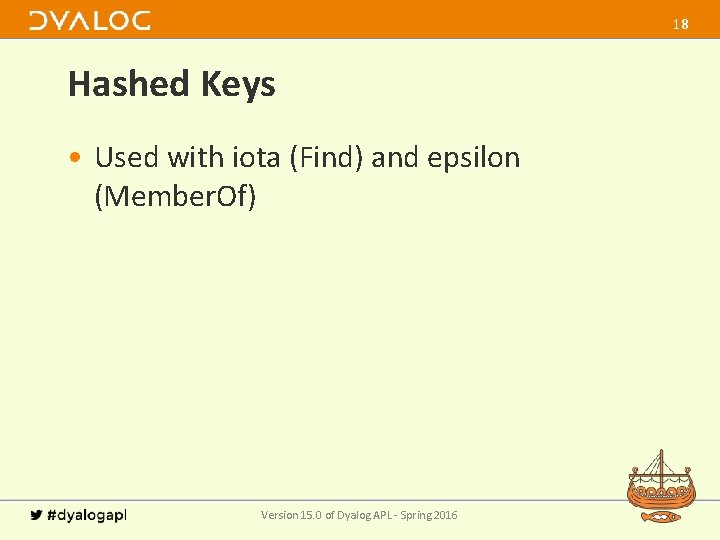 18 Hashed Keys • Used with iota (Find) and epsilon (Member. Of) Version 15.