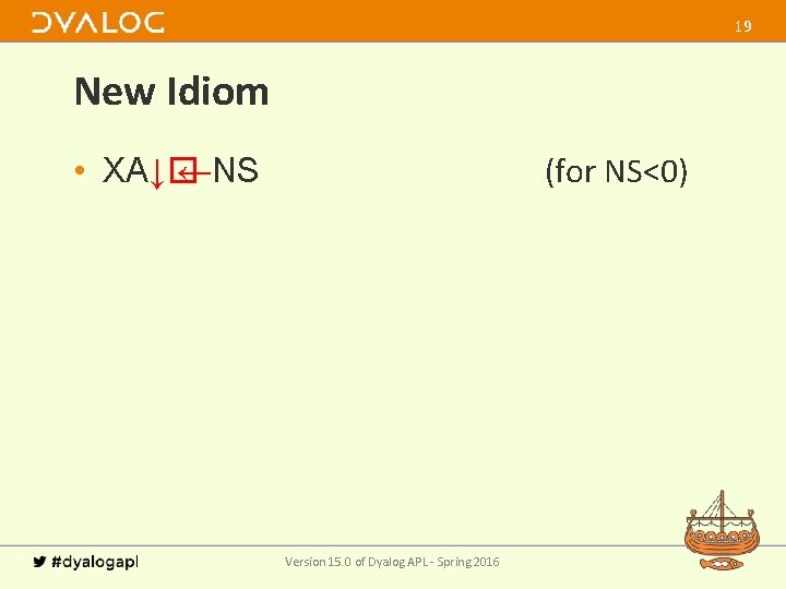 19 New Idiom (for NS<0) • XA↓� ←NS Version 15. 0 of Dyalog APL